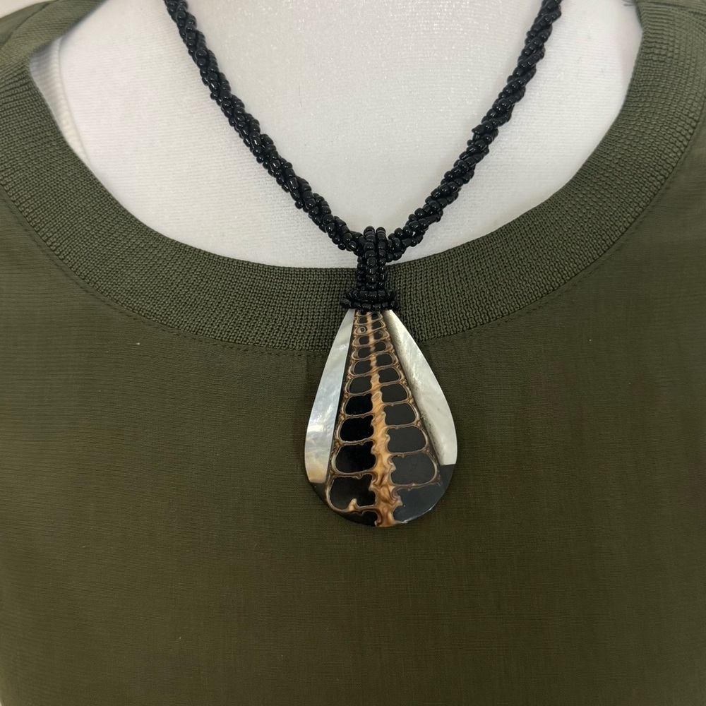 Artsy Black Beaded Necklace with Mixed Shell Teardrop Pendant